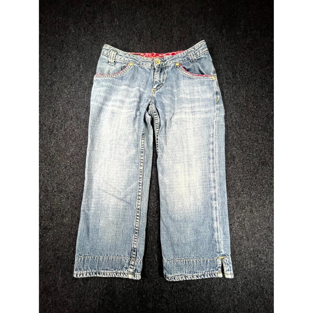 Y2K Lee Leola Capris Jeans Womens 28 Blue Floral Waistband Low Rise Ankle Slit